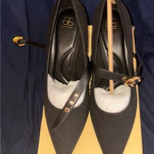 BCBGeneration Black Pointed Mary Jane Heels with Gold Buckle